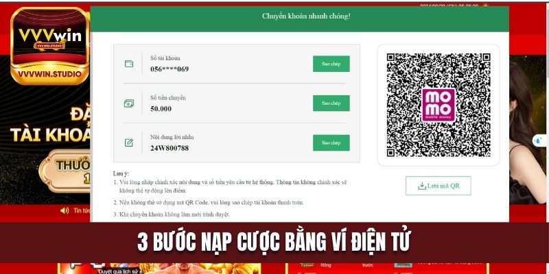 3 bước nạp cược bằng ví điện tử